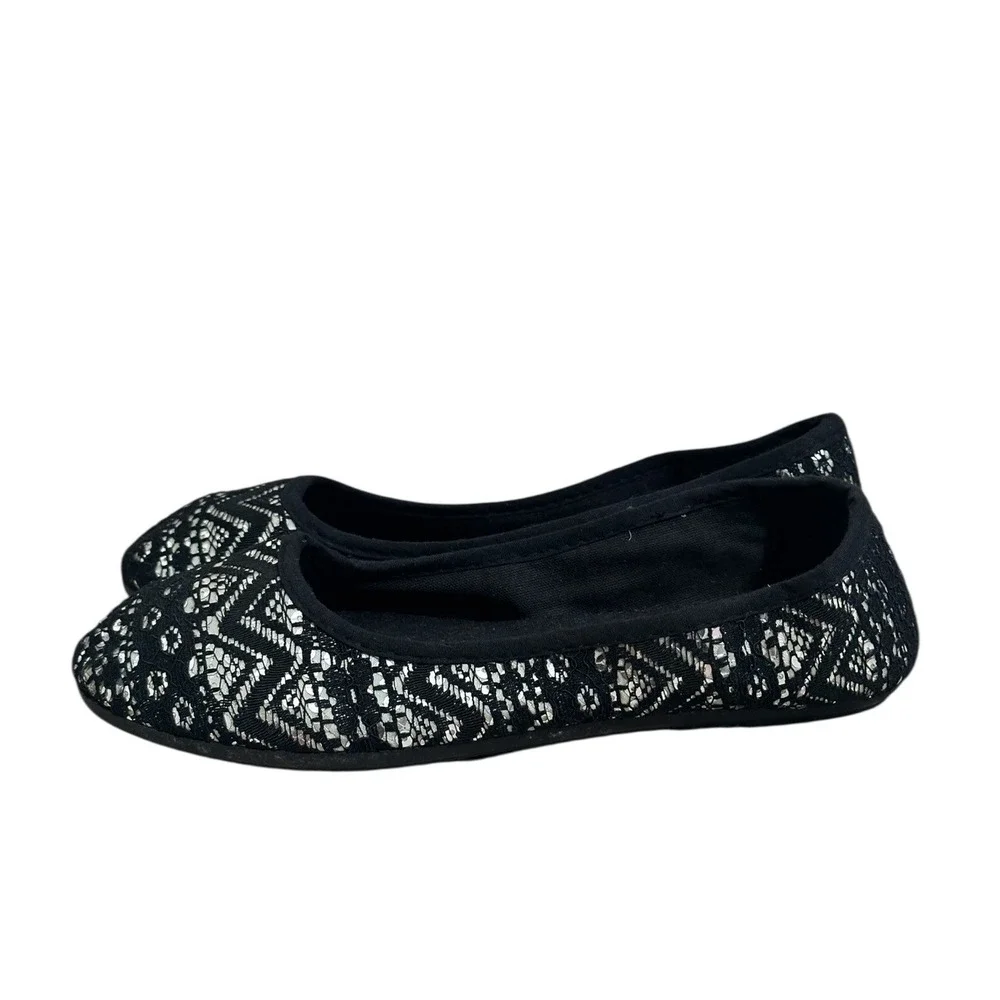 Aviva Black Silver Lace Ballet Flats Round Toe Slip On Shoes Women's Size 7‎